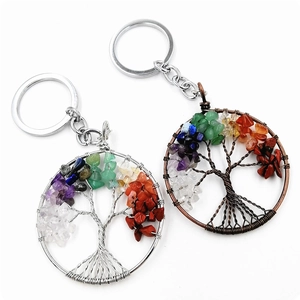 Vue macro du porte-clés arbre de vie en fil de cuivre avec cristaux naturels colorés