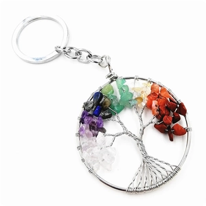 Porte-clés arbre de vie coloré avec fil d'argent et pierres précieuses naturelles