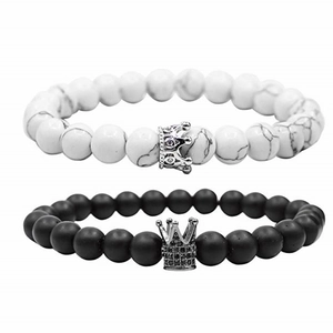 Krone Perlenarmbänder Natürlicher Vulkanstein Matte Achat Weiß Türkis Rosenquarz Perlen Armband Für Paare Schmuck Geschenk