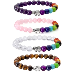 Detailed stack of chakra elephant bracelets with tiger eye, rose quartz and crystal beads