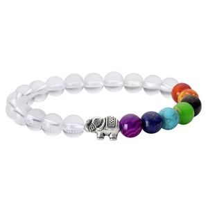 7 Chakra beaded bracelet with clear crystals and a detailed silver elephant charm