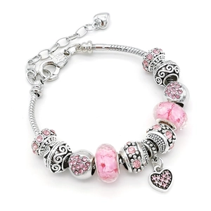 Bracelet à breloques cœur en résine rose et alliage avec strass et chaîne serpent argent