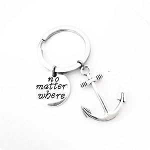 Silver stainless steel anchor keychain with No Matter Where engraved round charm pendant