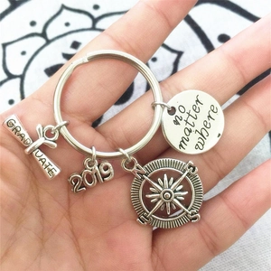 Close-up of compass and graduate charm keychain with no matter where inscription