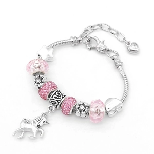 DIY unicorn charm bracelet for girls with pink crystal beads and silver starfish charms