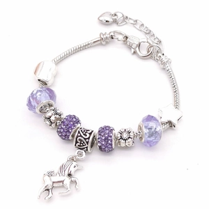 Unicorn charm bracelet with purple crystal beads and silver heart pendants for girls