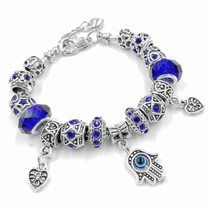 Beaded bracelet with Hamsa Hand and Evil Eye charms plus blue crystal beads in silver