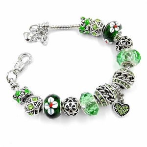 Silver snake chain bracelet with green glass charms and heart pendant for women