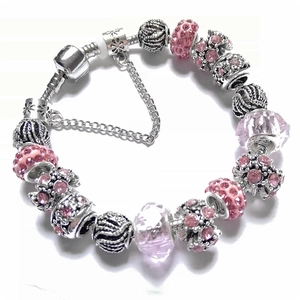 Bracelet DIY style Pandora avec perles de cristal rose et fleurs en métal argenté