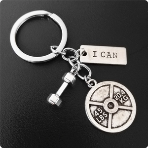 Porte-clés fitness avec haltère, disque de musculation et plaque gravée I CAN