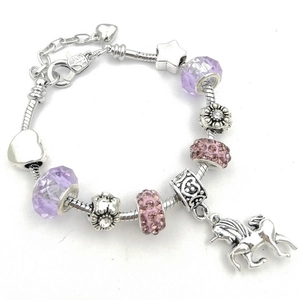 Bracelet licorne avec perles de cristal violettes et étoiles argentées sur chaîne