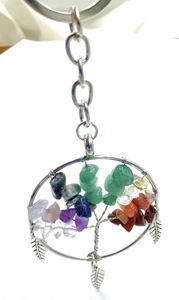 Detail of Tree of Life keychain with colorful natural stones and leaf charms