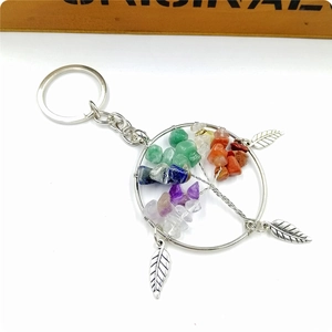 Bohemian Tree of Life keychain with colorful crystal stones and silver leaf charms
