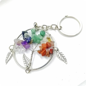 Handmade life of tree keychain with colorful crystal stones and silver leaf pendants