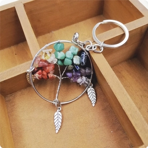 Detail of Tree of Life keychain with colorful gemstones and silver leaf pendants