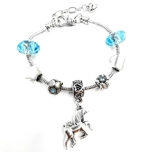 DIY unicorn charm bracelet for girls with blue crystal beads and silver snake chain