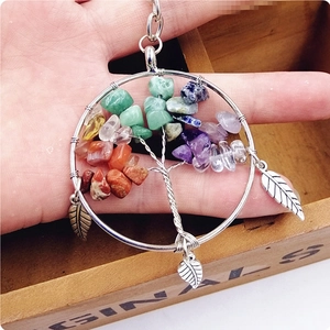 Handmade tree of life keychain with colorful crystal stones and silver feather leaf pendants