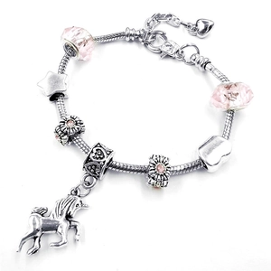 Unicorn Charm Bracelet For Girls DIY Beaded Snake Chain Alloy Crystal Rhinestone Romantic Jewelry Birthday Gift For Kids