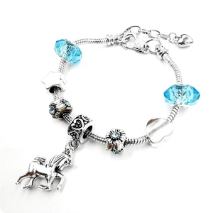 Silver snake chain bracelet with unicorn pendant and blue crystal beads for girls