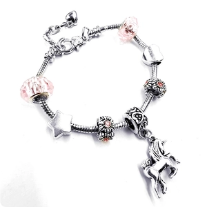 Unicorn charm bracelet with pink crystal beads and silver snake chain for girls
