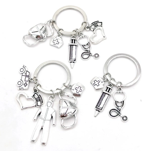 Professional Medical Theme Keychain Zinc Alloy Silver Nurse Hat Syringe Stethoscope Mask Pendant Key Ring Jewelry Nurse Gift