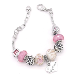 Bracelet chaîne serpent avec perles roses pendentif cœur Big Sister et perle lettre E