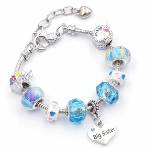 Bracelet licorne avec perles en cristal bleu et pendentif coeur Big Sister sur chaîne maille