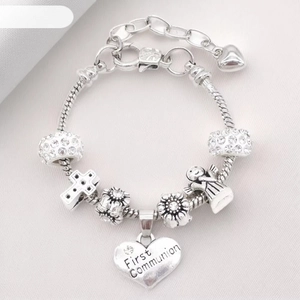 Erste Kommunion Versilberte Legierung Bettelarmband Für Damen Mädchen Mit Kreuz Engel Herz Anhängern Religiöser Schmuck