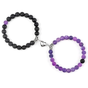 Vulkangestein Magnet-Herz Armband-Set für Paare mit lila Perlen und elastischem Band