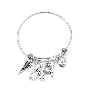 Adjustable Stainless Steel Medical Charm Bangle Bracelet Antique Silver Stethoscope Syringe Nurse Hat Caduceus Pendants Nurse Appreciation Gift Jewelry
