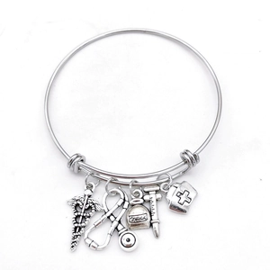 Adjustable stainless steel medical charm bracelet with stethoscope and nurse hat charms