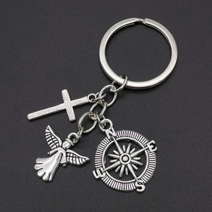 Portachiavi in Lega di Metallo Vintage Ali d'Angelo Croce Bussola Ciondolo per Chiavi Viaggio Guardiano Religioso Regalo Gioielli Accessorio