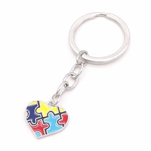 Colorful puzzle piece heart pendant keychain in metal for autism awareness support
