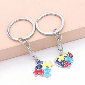 Colorful puzzle piece heart and square alloy keychains for autism awareness gift