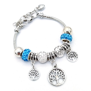 Bracciale a catena serpente argentato con perline di cristallo blu e ciondoli albero della vita