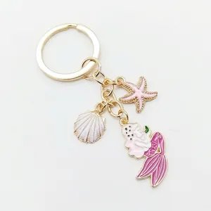Golden mermaid seashell and starfish keychain pendant for bags with enamel ocean charms