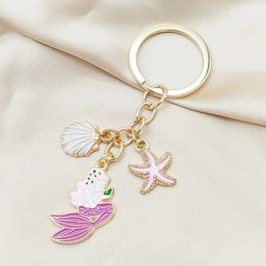 Mermaid Starfish Shell Alloy Keychain For Women Enameled Gold Plated Ocean Theme Bag Charm Pendant Key Ring Jewelry Gift
