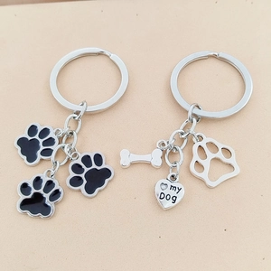 Mignon Porte-clés Empreinte de Patte de Chien Chat en Alliage Métal Pendentif Os Cœur Anneau de Clé pour Amoureux des Animaux