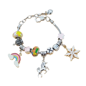 Kids DIY Unicorn Rainbow Bead Charm Bracelet With Snowflake Pendant Colorful Enamel Alloy Snake Chain Jewelry Gift For Girls