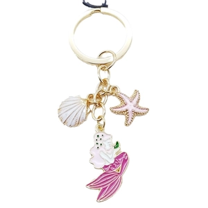 Mermaid seashell and starfish pendant keychain with golden metal ring and enamel charms
