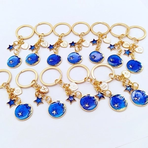 Lot de 12 porte-clés zodiaque lune et étoile en émail doré et bleu marine