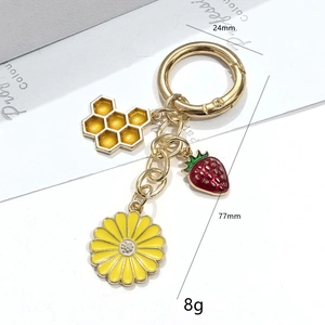 Détail du porte-clés tournesol et nid d'abeille avec breloque fraise sur carte