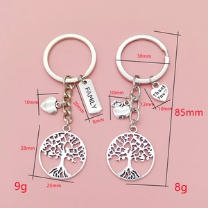 Detail view of silver Tree of Life keychains with Family and Thank You charms