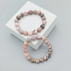 Pink zebra stone bracelets with 10mm frosted beads and diamond heart spacers