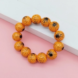 Detail von 16mm Holzperlen Halloween Armband mit schwarzem Spinne und Web-Druckmustern