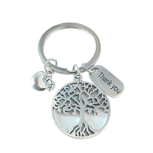 Porte-clés arbre de vie argenté avec pomme et plaque Thank You pour cadeau de prof