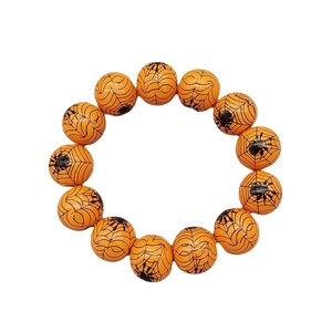 Halloween-Armband aus 16mm orangefarbenen Holzperlen mit schwarzem Spinnen- und Netzmuster