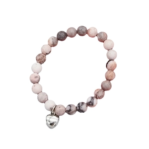 Pink Zebra Jasper 10mm beaded bracelet for women with silver heart charm and matte stone