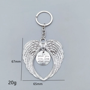 Silver angel wings heart keychain with Do what you love engraved inspirational tag