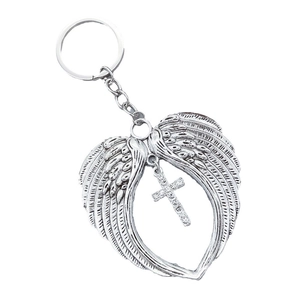 Silver angel wings heart keychain with sparkling crystal cross pendant for Christmas gifts